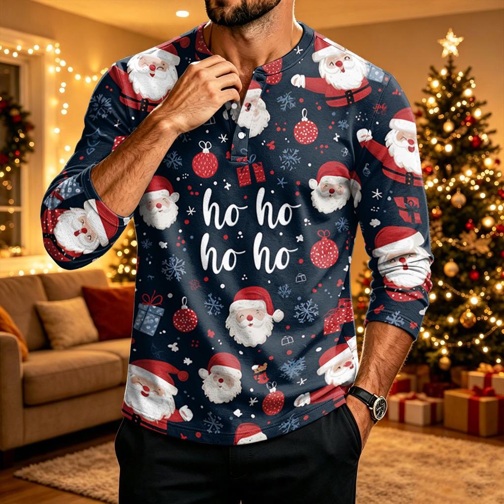 Men's Christmas Long Sleeve Shirt with Printed Design