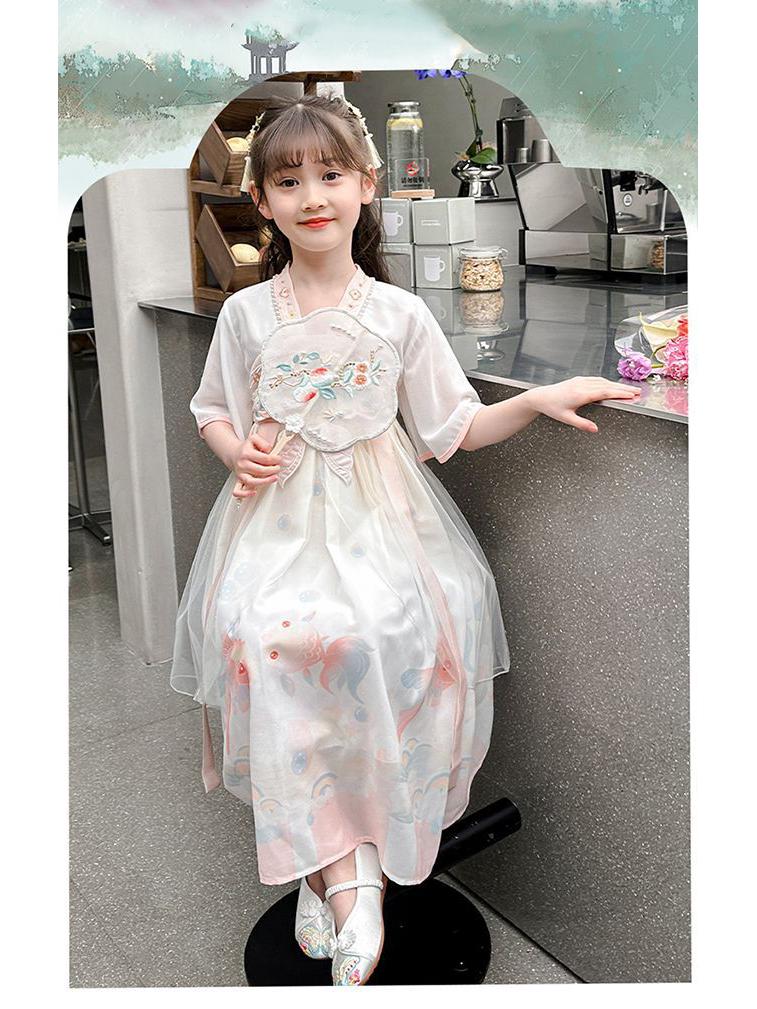 Flickornas Hanfu Sommar Tang-dräkt Prinsessklänning - Kortärmad Forntida Kinesisk Stil Älvkostym