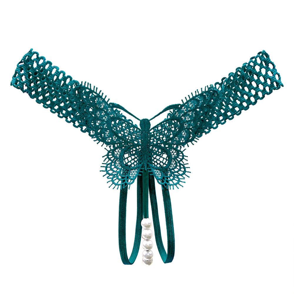 Ecstasy Royal Sister Temptation Hollowed-out Sex Panties Women's Hot Perspective Butterfly Embroidery Flirting Beaded Open Crotch Thong