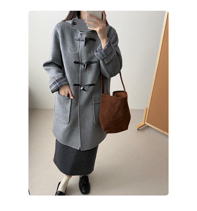 Cappotto da Donna E-Family in Misto Lana con Cappuccio e Chiusura a Laccio, Stile Preppy, Lunghezza Media