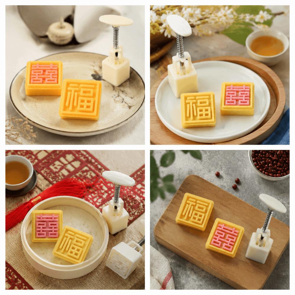 1 Mold And 2 Stamps Moon Cake Mold Square Shape Dessert Mold Pastry Mold  for Kitchen Use