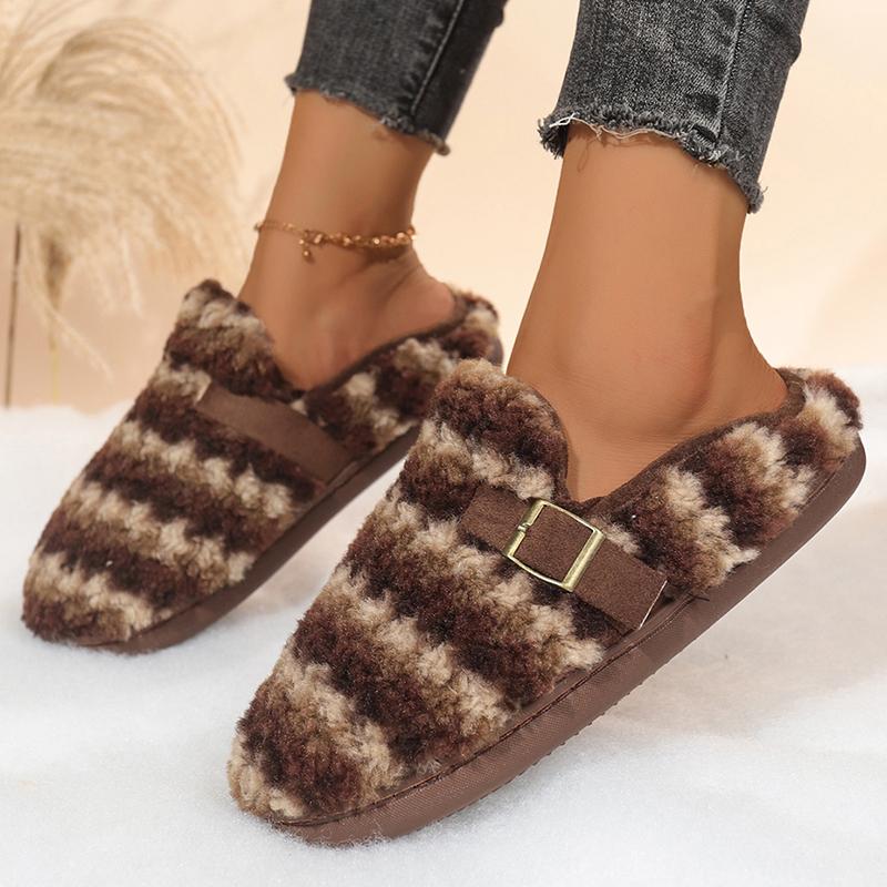 Mote Mote Stripete Bomullstøfler Kvinner Lukket Tå Slip On Plysjtøfler Kvinne Vinter Innendørs Sklisikre Varme Plysjtøfler Dame