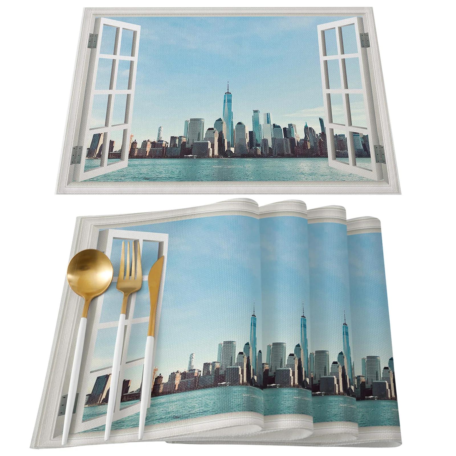 

New York City Skyline Print Placemat Set, Cityscape Place Mats,Washable Dining Table Mat for Wedding Holiday Party Kitchen Decor 2pcs 30x45cm