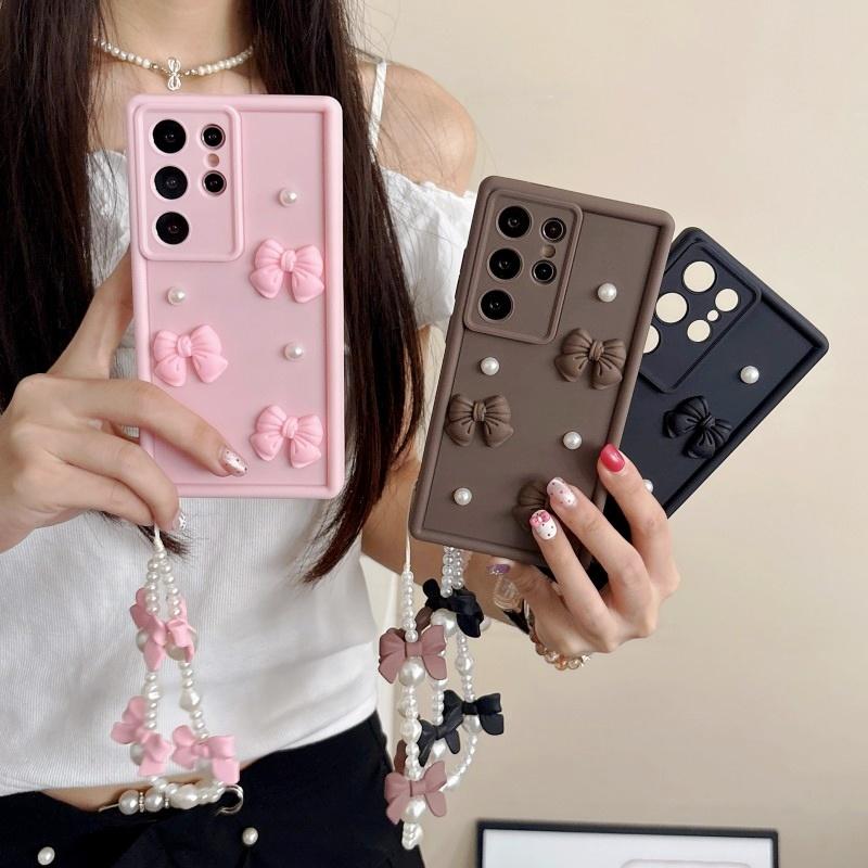 3D Elegant Bowknot Faux Pearl Chain Phone Case For Samsung Galaxy S25 Ultra S21 S22 S23 Plus S24 FE Short Strap Lanyard Cover