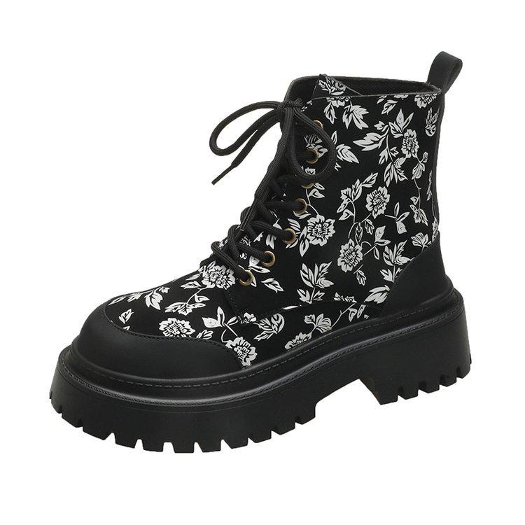 SyfIyno autumn and winter new printed fashion women's boots with lace up round toe thick soled short boots plus size 35-42