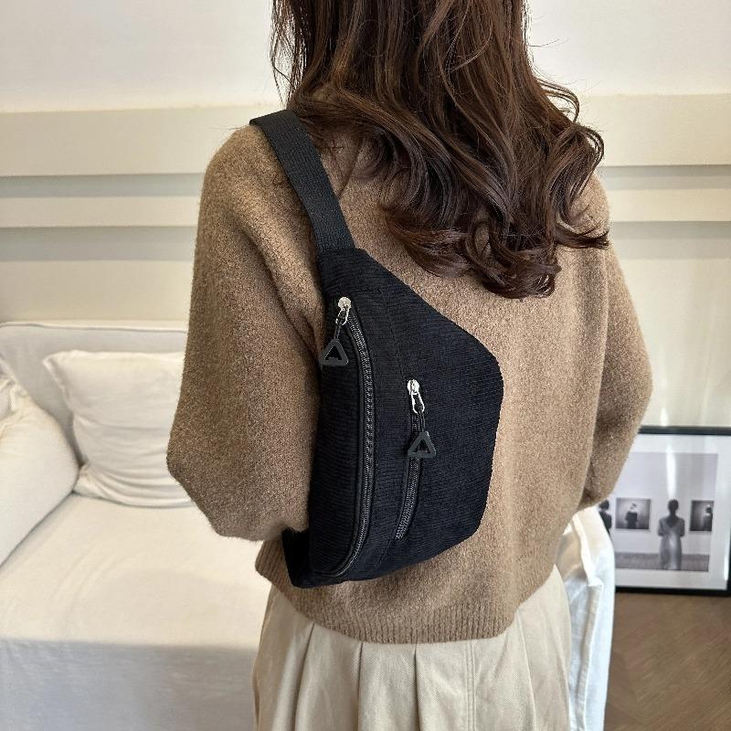 Women'S Corduroy Chest Bag Casual Spaghetti Strap Cross Body Bags Adjustable Strap Zip Closure Front Pocket for Shopping