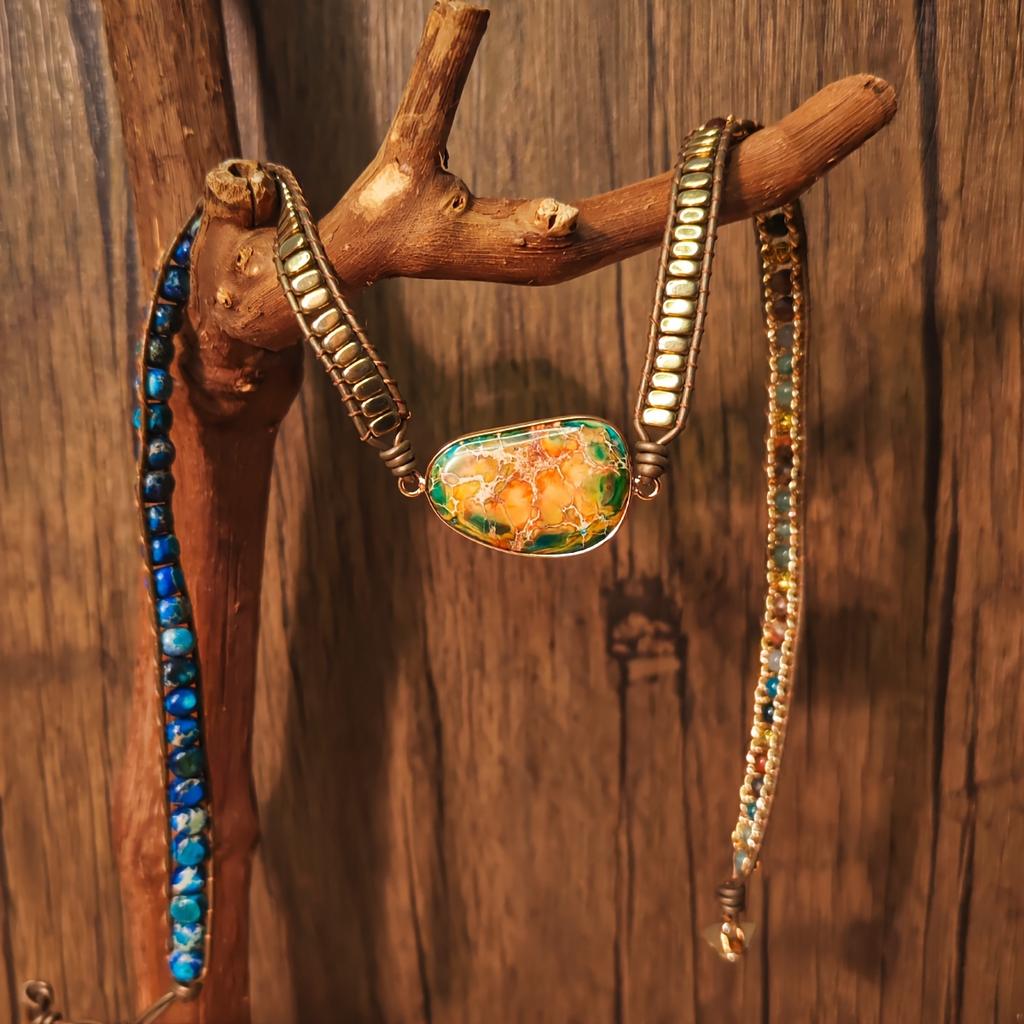 Bohemian Style Natural Imperial Stone, Five-layer Woven Bracelet, Creative Faux Leather Wristband, Suitable for Everyday Wear by Both Men and Women.