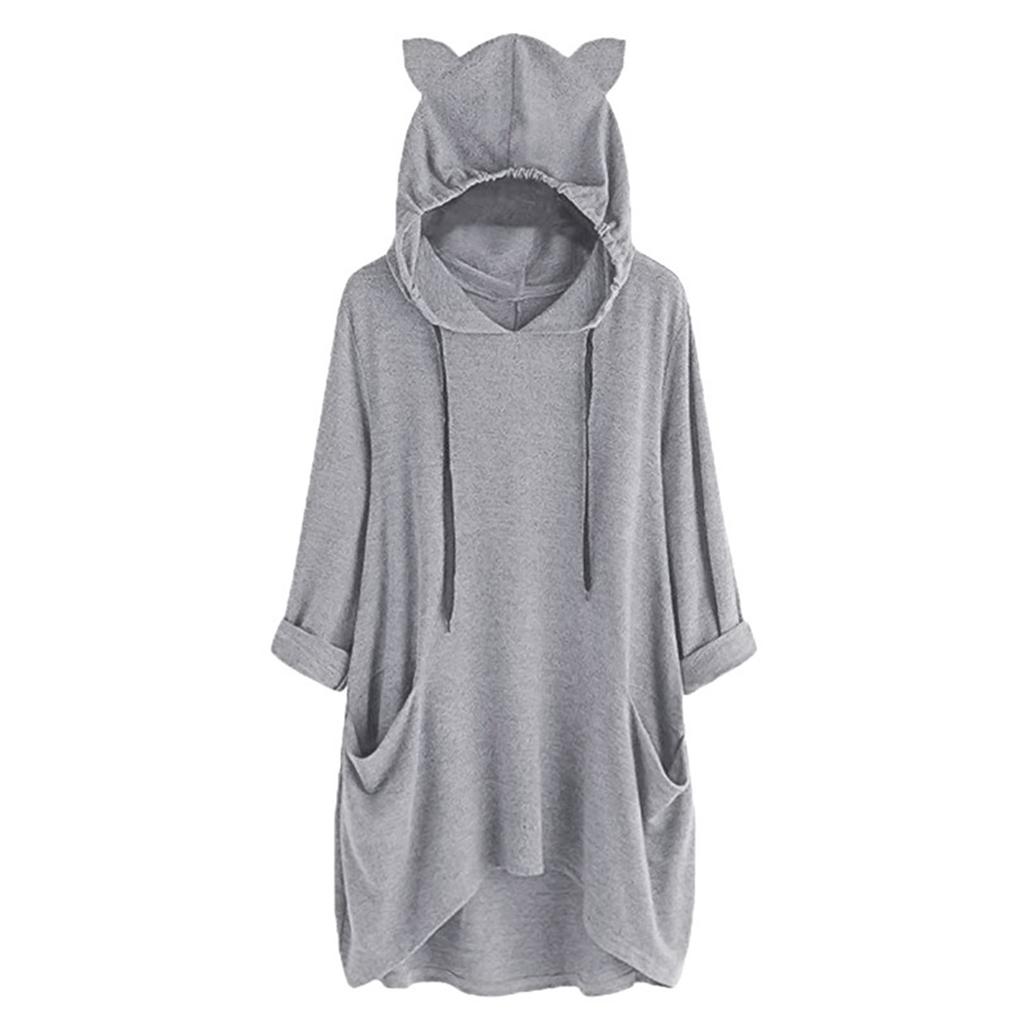 Women's Fashionable Solid Color Long Sleeved Pocket Long Loose Pullover Top
