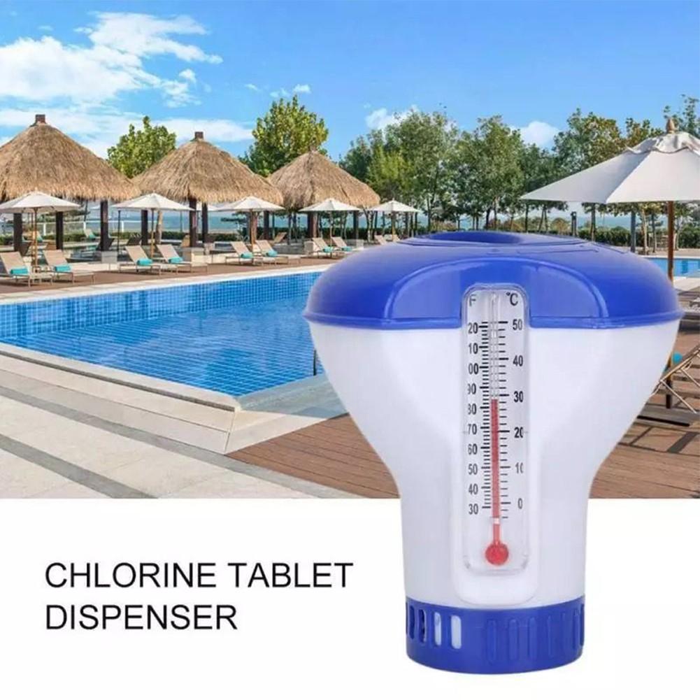 Swimming Pool Floating Dispenser with Built In Temperature Gauge for Tablets