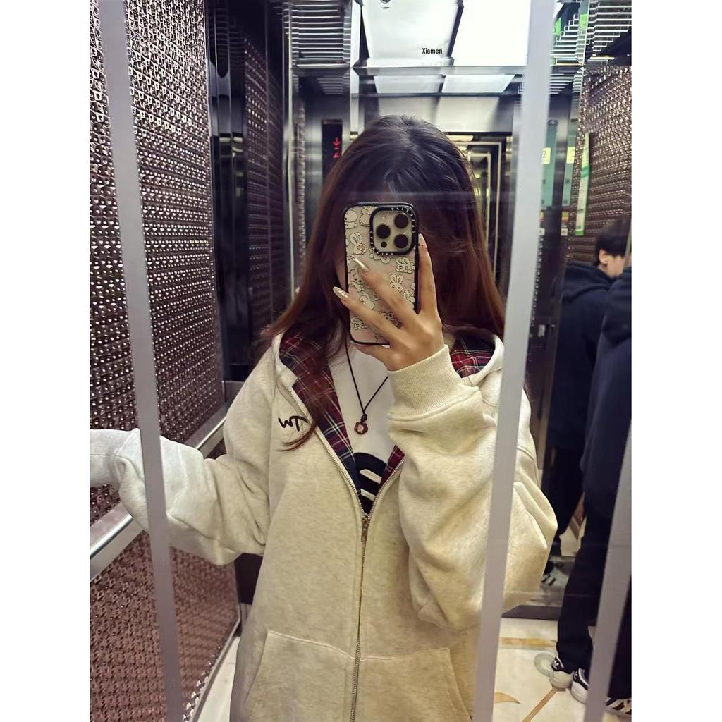 Women's American Retro Plaid Zipper Hooded Sweatshirt - Patchwork Autumn/Winter Casual Loose Cardigan Jacket.