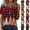 Women's Casual Christmas Printed V-Neck Short Sleeve Button T-Shirt