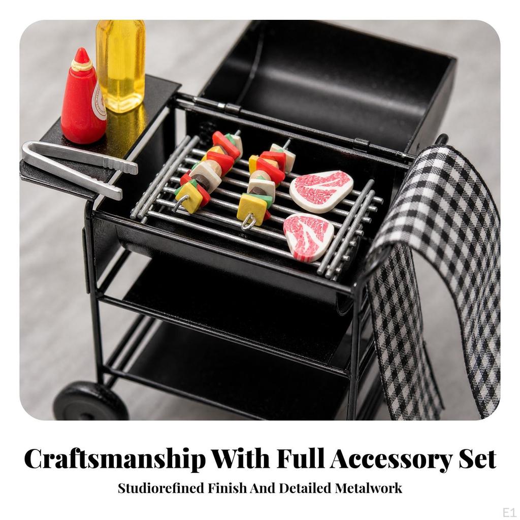 Miniature Black Metal Barbecue Grill Model Compact 1/12 Scale Set Realistic for