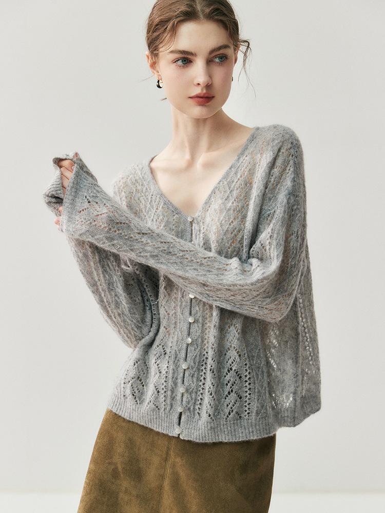 Women's Cashmere Knit V-Neck Cardigan: Autumn/Winter Hollow Out, Solid Color, Loose-Slimming, Versatile Top
