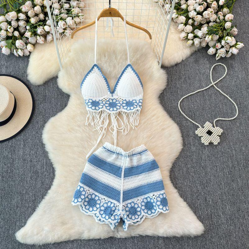 Vacation Style Beach Fashion Suit Halterneck Color-Block V Neck Tassel Vest Camisole + High Waist Hollow-out Wide Leg Shorts
