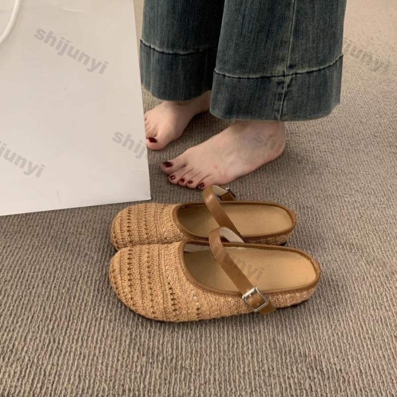 Fashion Women's Half Slippers 2025 Spring Summer New Vintage Fly Weave Baotou Flats Fashion Square Button Slip on Outdoor Casual Sandals