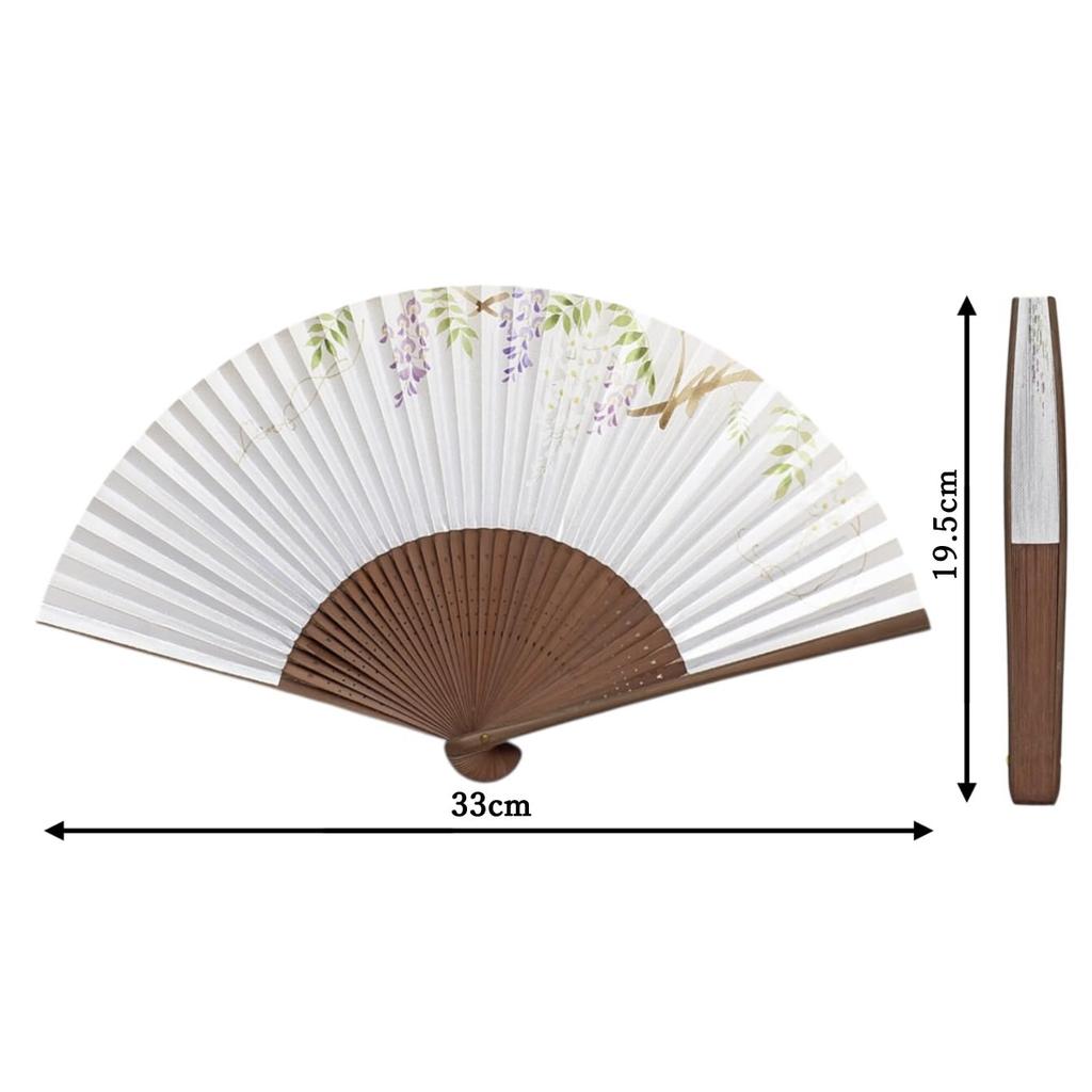 Kyoto Folding Fan with Wisteria Floral Made In Japanese Clothing Artisanal Paper Personalized Long X 33cm Wide Pattern, Kyoto, Japan, Women's,