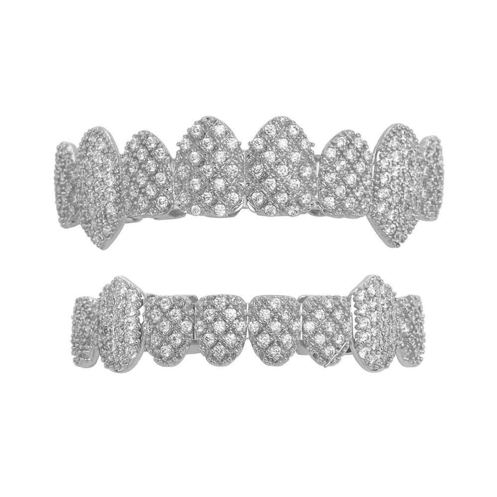 Vendita Calda di Fabbrica Argento Oro Colore Metallico Placcatura Ottone con Zirconi Pieni Bling Otto Pezzi Denti Appuntiti Hip Hop Grillz