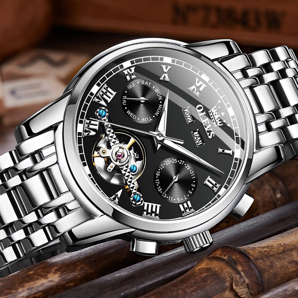 Men's Gold Automatic Watch, Mechanical Skeleton Design, Waterproof, Analog, Stainless Steel, Luxury Watch for Men (Black A)