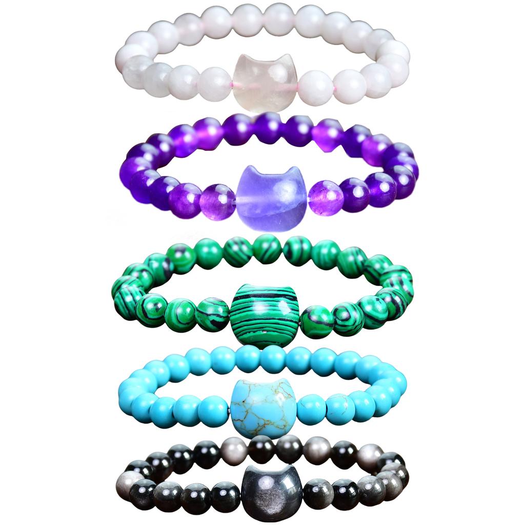 Bohemian Natural Stone Bead Bracelet Cats Head Charm Wristband Handmade Jewelry Gift for Birthdays and Anniversaries