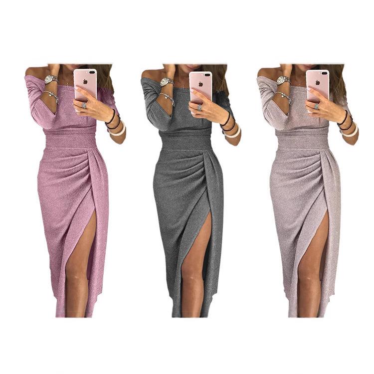 Dámské třpytivé večerní šaty na jedno rameno s rozparkem