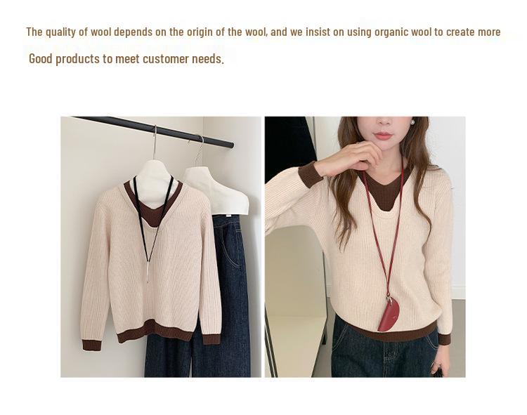 Women's V-Neck Wool Sweater: Color Block, Faux Two-Piece, Long Sleeve Knitwear