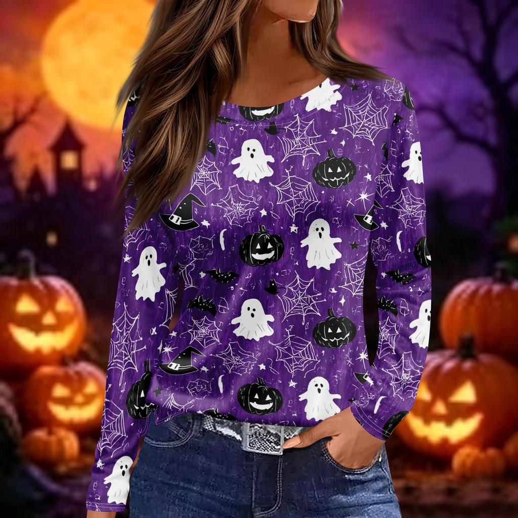 Women's Long Sleeve Halloween Print Top Round Neck Casual Pullover Shirt with Split Hem Lightweight Fabric for Seasonal Wear