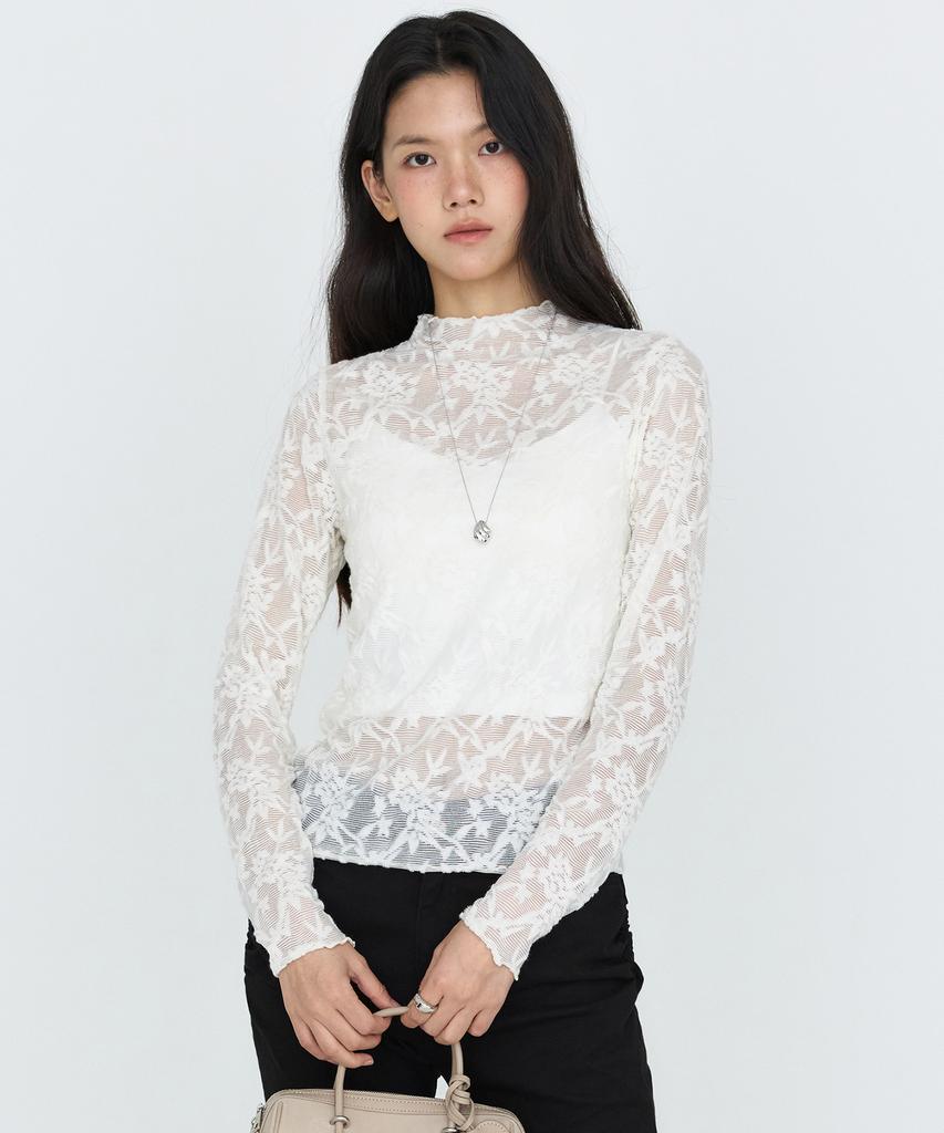 MONGDOL Lace Texture See-Through T-Shirt Ivory Mdts115Ivory
