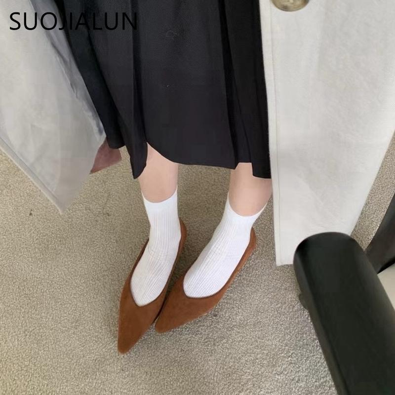 Fashion SUOJIALUN 2024 Autumn Women Flat Shoes Fashion Pointed Toe Shallow Slip On Baot Shoes Soft Low Heel Outdoor Dress Single Shoes