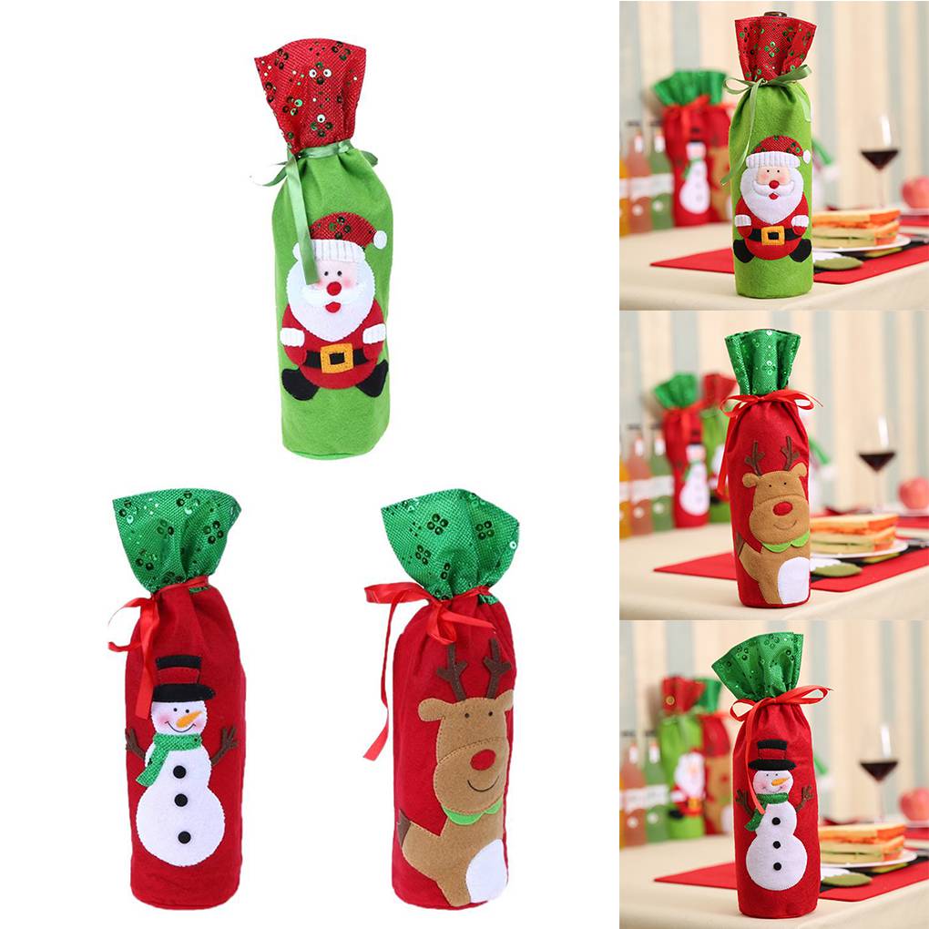 Hochwertige Weihnachts-Weinflaschenhülle aus Vliesstoff mit Kordelzug und Pailletten, Schneemann, Hirsch, Weihnachtsschmuck, Navidad-Flaschenhülle