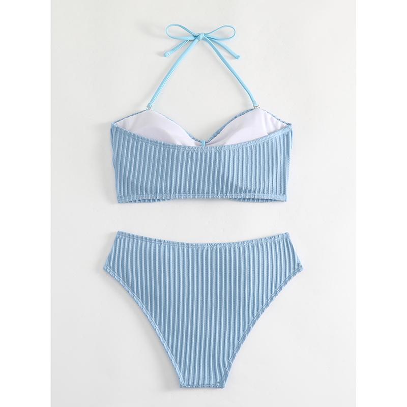 Women Solid Color Swimsuit Sexy Tight Fitting Suspender with Backless Stripes Bikini Fashion Pure Cotton Split Style Swimsuit