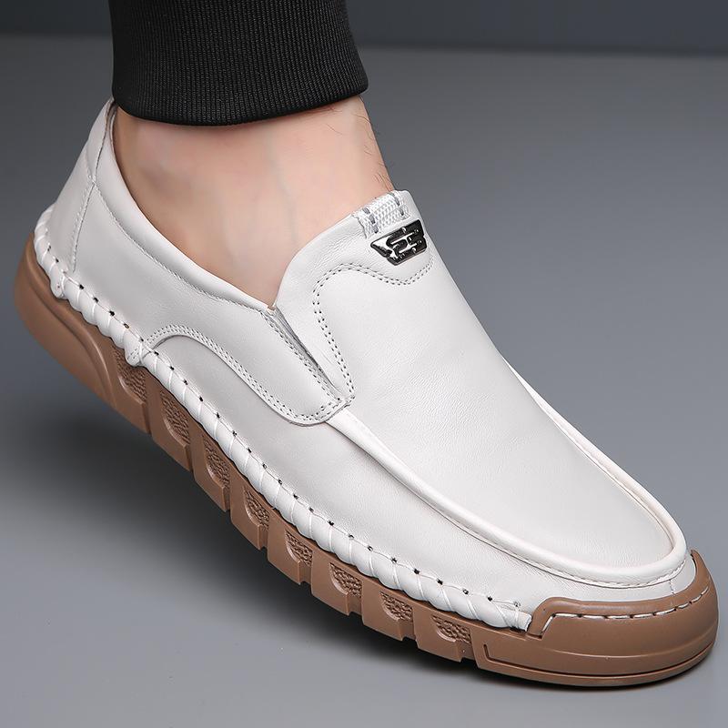 Pierwsza warstwa skóry bydlęcej, męskie codzienne małe białe buty, oddychające buty typu slip-on do jazdy, mężczyźni