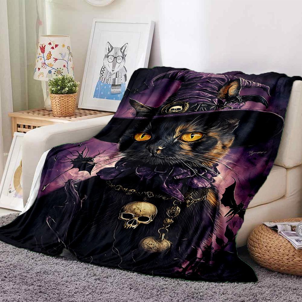 1pc Witchcraft Halloween Cat Blanket, Lightweight Flannel Throw Blanket for Sofa, Bed, Travel, Camping, Living Room, Office, Couch, Chair, and Bed