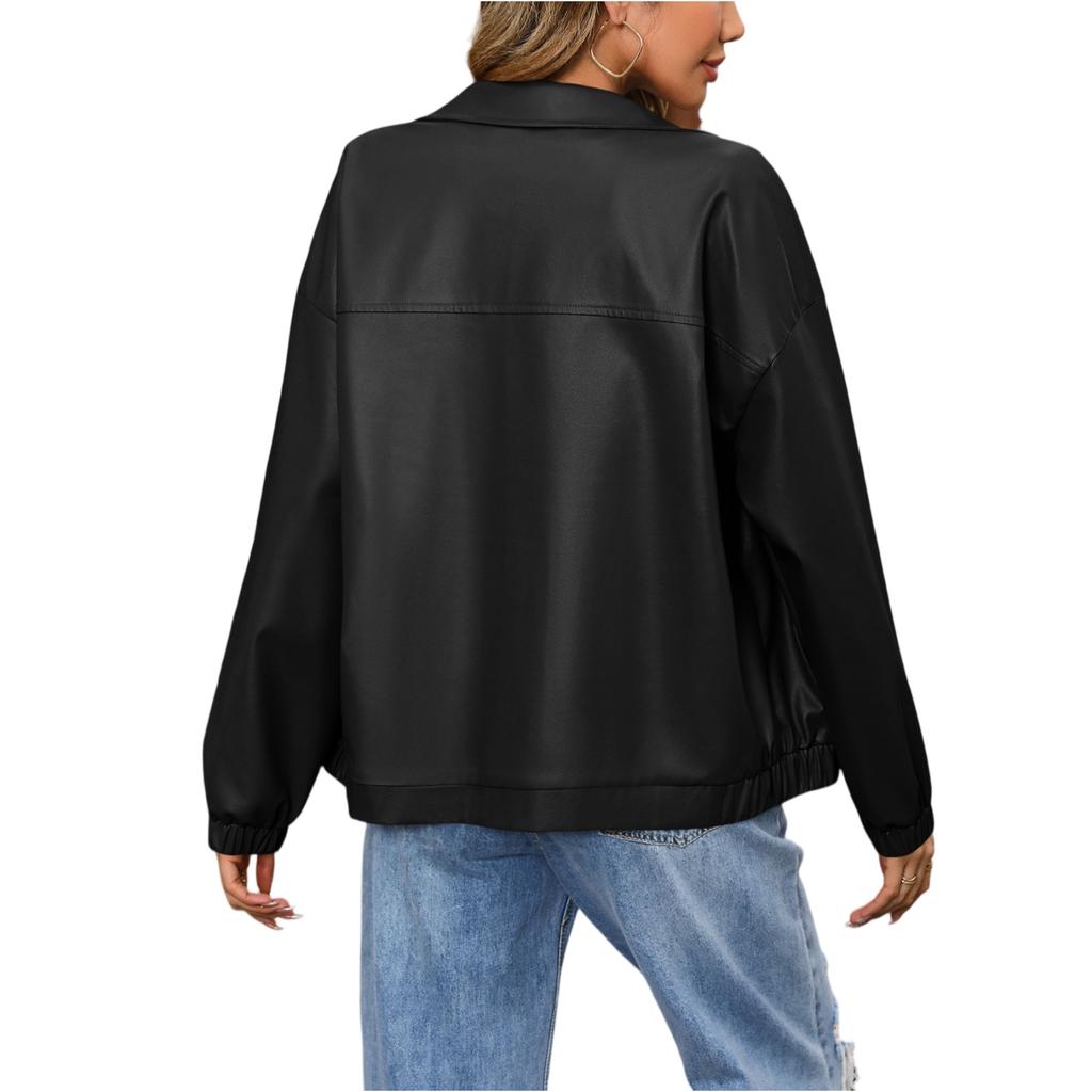 Women's Casual Long-Sleeved Color PU Leather Jacket