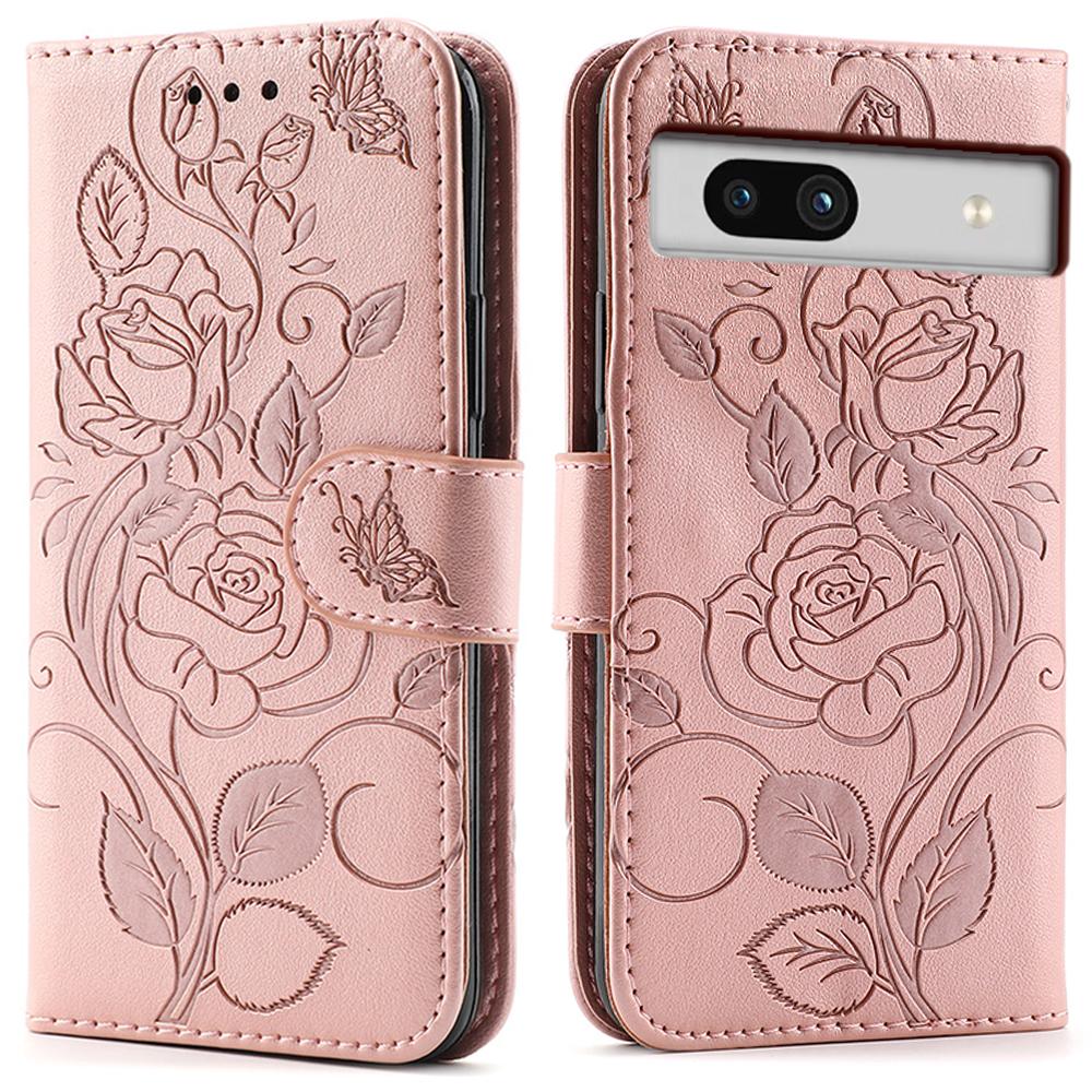 For Google Pixel 7a Case Wallet Stand Imprinted Rose Butterfly PU Leather Phone Cover