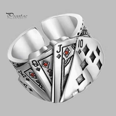 Unisex Adjustable Retro Ring Playing Card Poker Engraved Open Ring Jewelry for Party