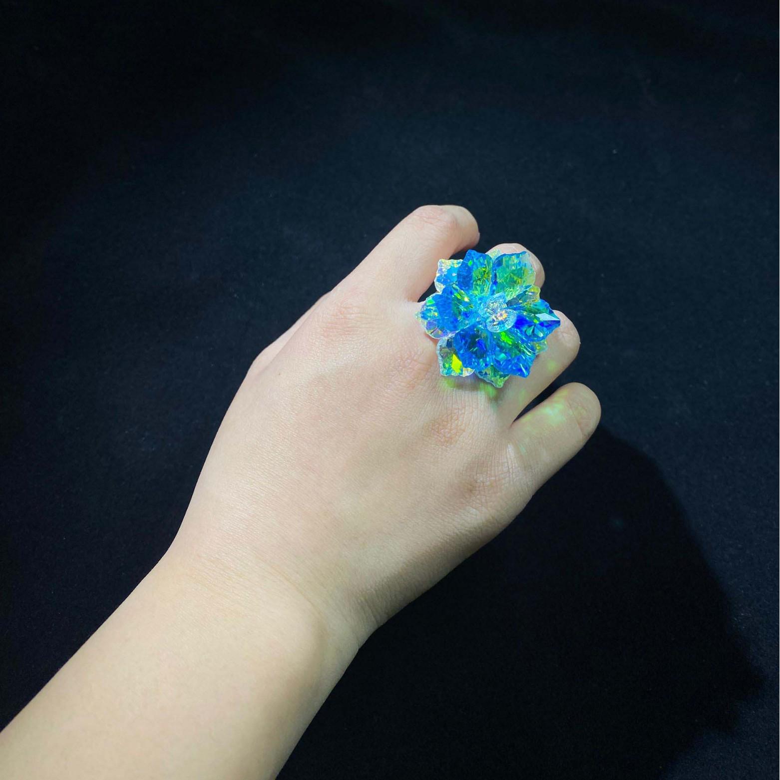 Vintage Camellia Flower Ring: Elegant & Colorful Design Crystal Blue