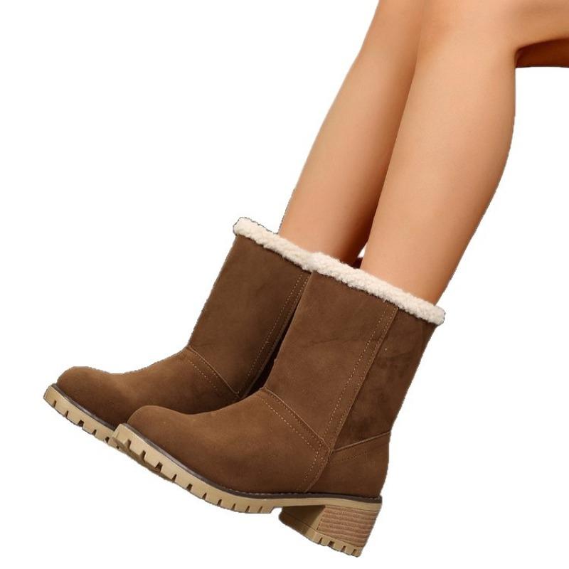 Foreign trade short tube velvet medium heel snow boots women's fur integrated women's cotton boots winter thickened large size flip cotton boots