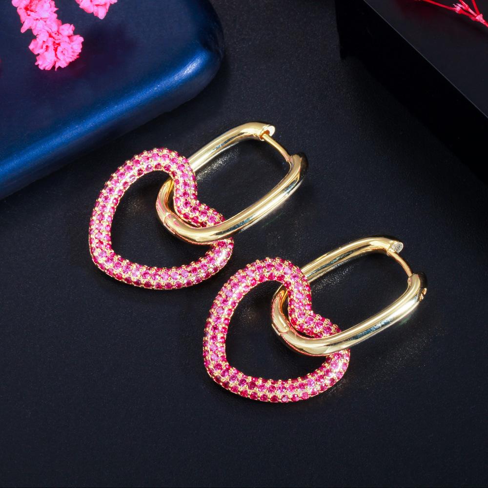 Personalized Double-Ring Buckle Heart-Shaped Earrings Slightly Inlaid With Colored Zircon Hip-Hop Earrings.