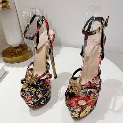 Nuevo Diseño de Moda Sandalias de Plataforma con Estampado de Flores para Mujer Ahuecadas con Lazo Puntera Abierta Tacones Super Altos Zapatos de Pole Dance