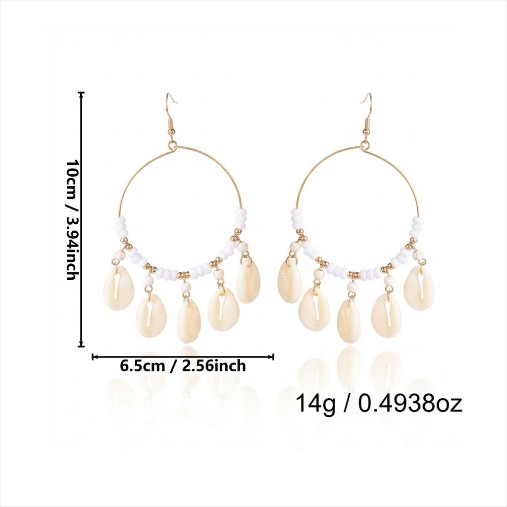Minimalist Gold Color Hoop Shell Earrings for Women Coastal Aesthetic Jewelry Beaded Cowrie Dangle Summer Vacation Accessories