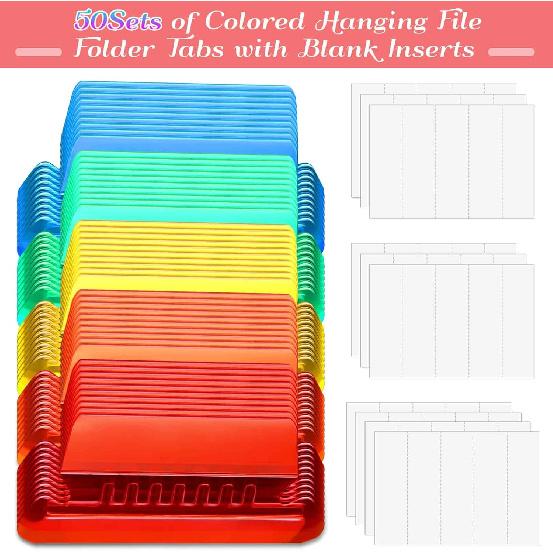 File Folder Tabs, Paxcoo 50 Sets Hanging File Folder Tabs and erts, Plastic Tabs for Hanging Folders, Multicolor