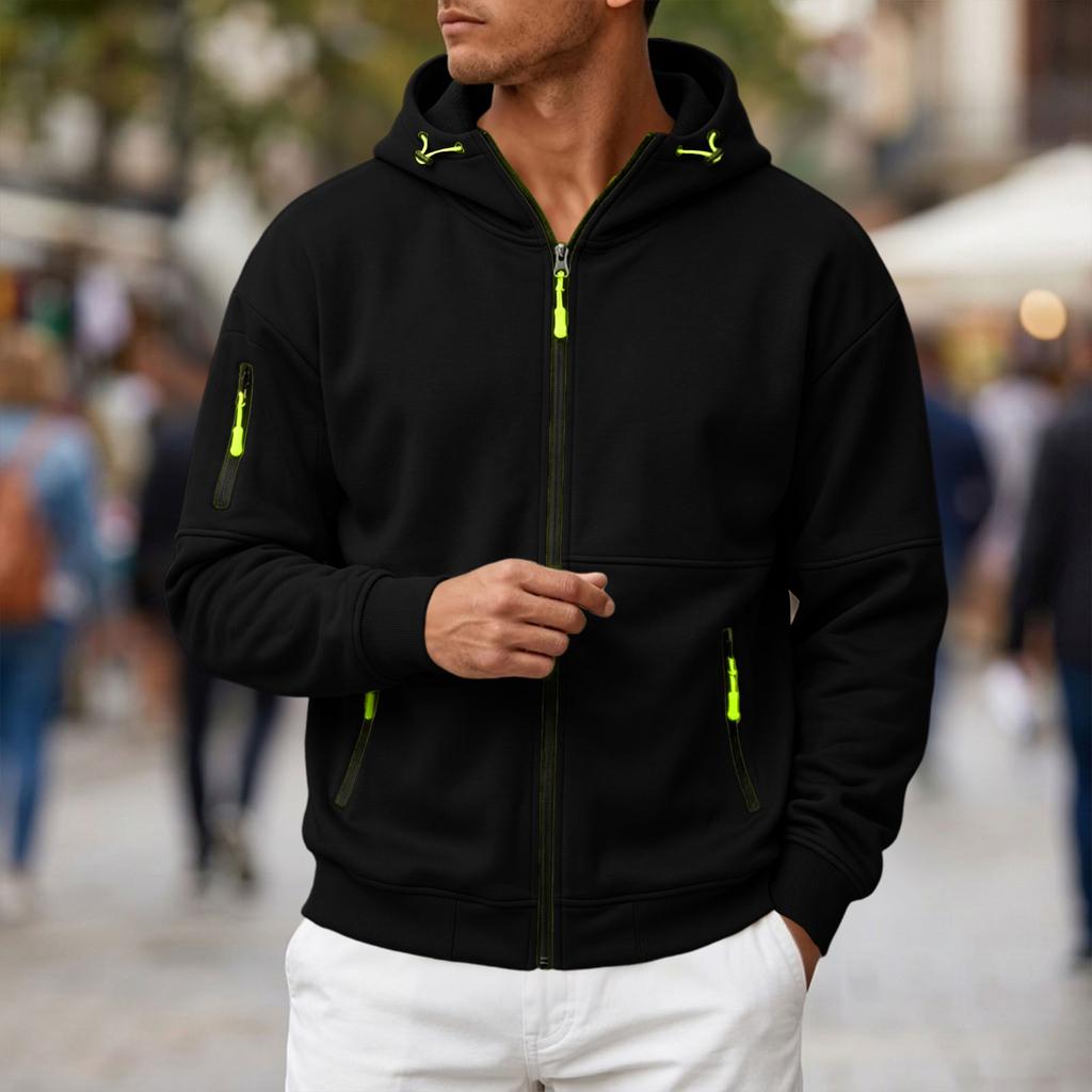 Men's Casual Long Sleeve Hooded Zip-Up Sweatshirt with Multiple Pockets and