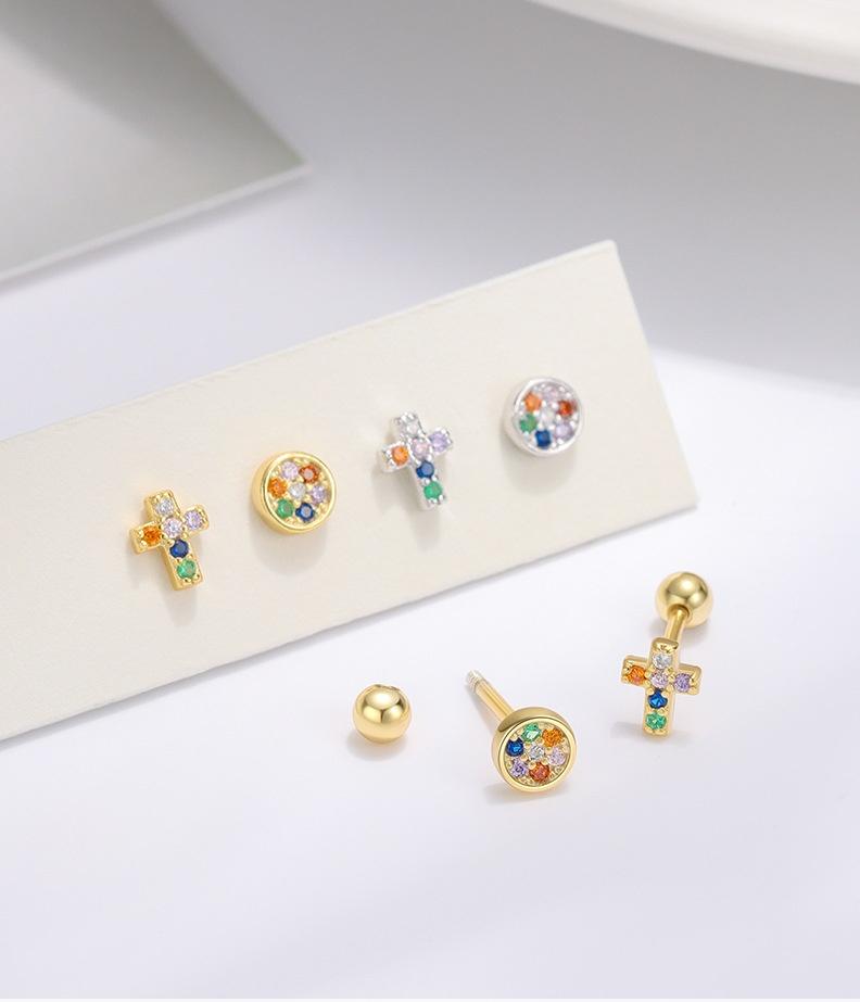S925 Sterling Silver Asymmetrical Colorful Zircon Cross Screw Earrings for Women Simple Fashionable Earrings