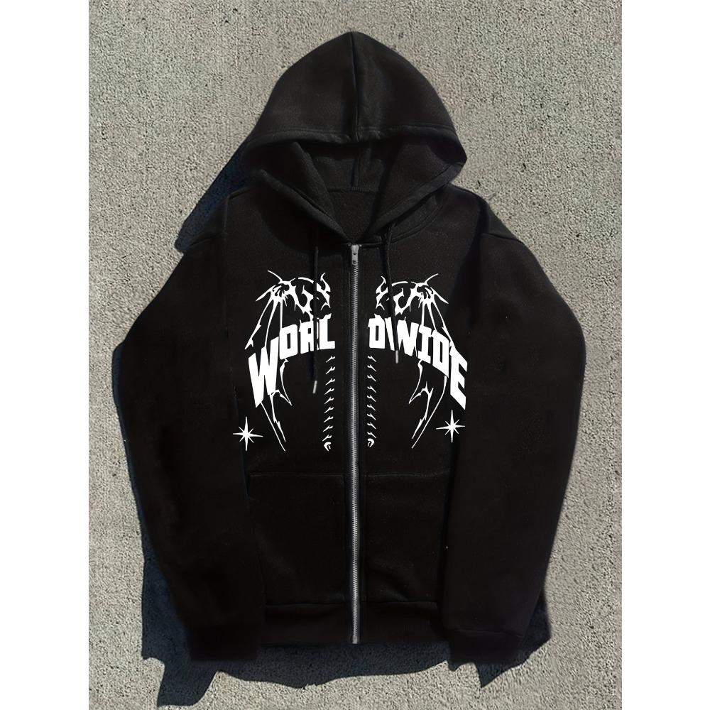 Fashionable Autumn and Winter New Style Artistic Letter Pattern Wing Print Trendy Personality Regular Hooded Zipper Hoodie S