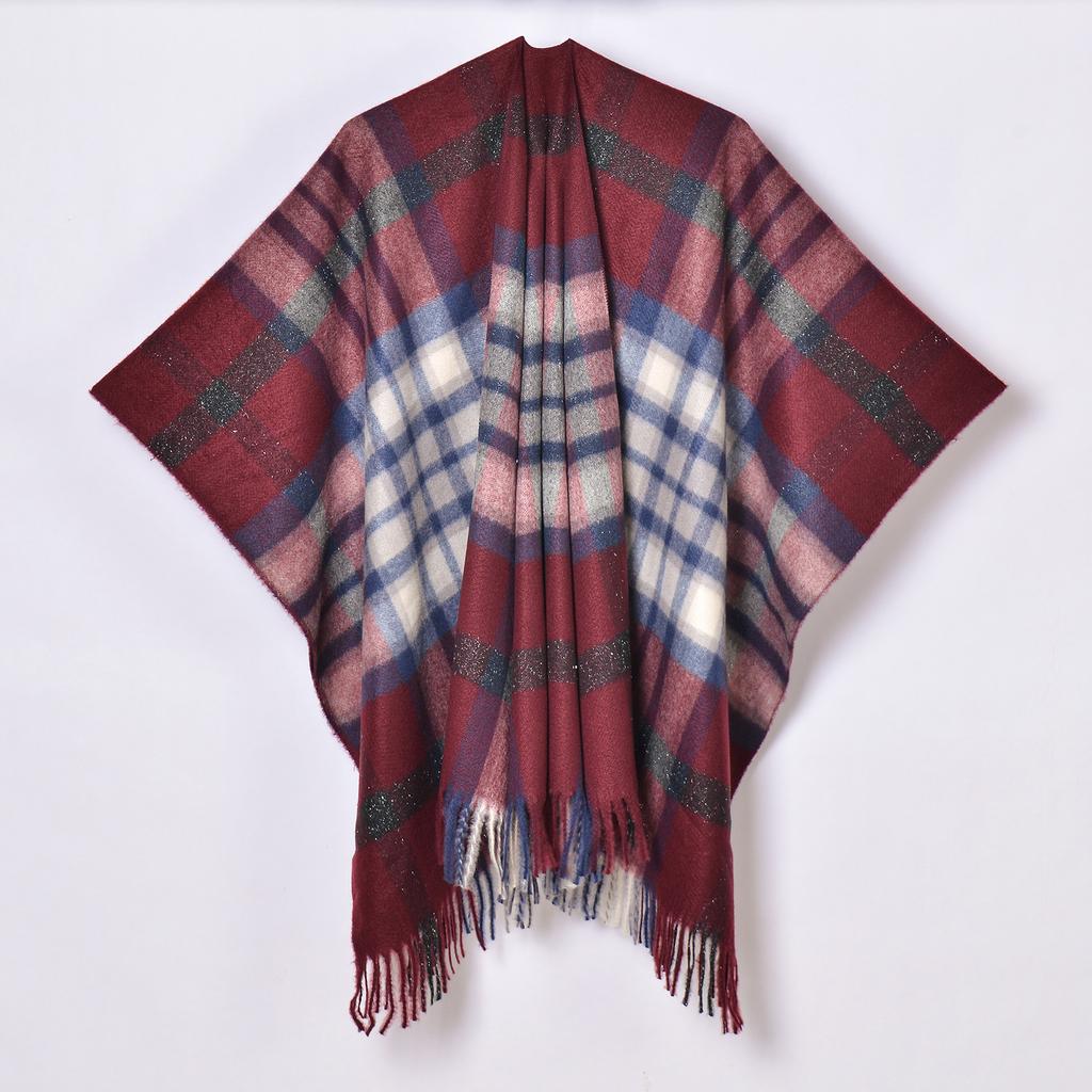 Foreign Trade, New Tassel Split Shawl Autumn and Winter Women's Simple Plaid Jacquard Scarf Cape