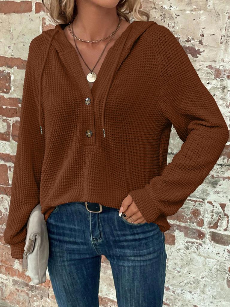 Women's Autumn New Solid Color Long Sleeve Jacket with Hooded Button Waffle Loose Hoodie