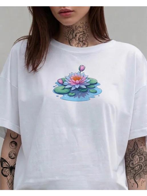 Flowers T-shirt (Water Lily). Summer print 2XL