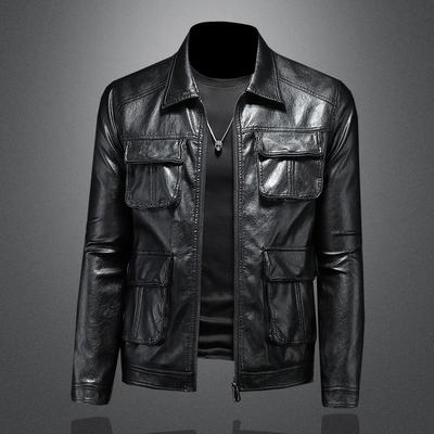 New Style Mens Turn-Down Collar Motorcycle Leather Jacket Outerwear Slim Fit Fashion Mens Leather Coat 7065