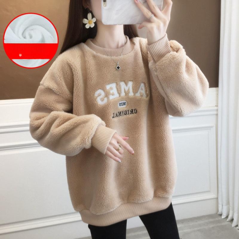 

Свободный студенческий свитшот из овечьей шерсти, утепленный вельветом, без капюшона для женщин, осенне-зимний стиль, топ с длинным рукавом из овечьего вельвета XL