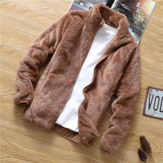 Zipper Closure Side Pockets Fleece Jacket Double Sided Velvet Stand Collar Warm Cardigan Jacket Outerwear